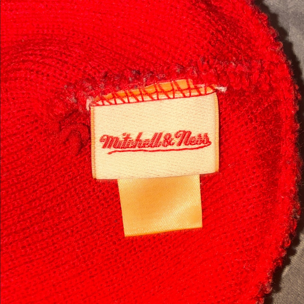 Mitchell & Ness Red Cuffed Beanie with White Script - Picture 3 of 3
